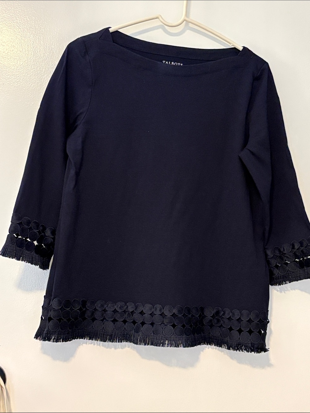 Talbots Navy Circle-Trim Boatneck Top with Fringe